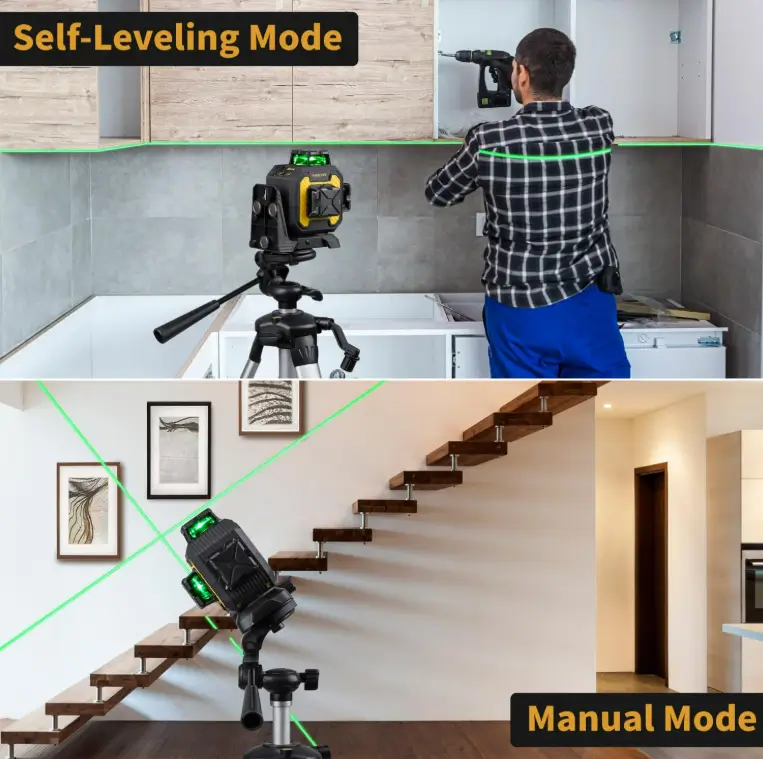 Firecore green laser projecting a level line across kitchen cabinets during an installation