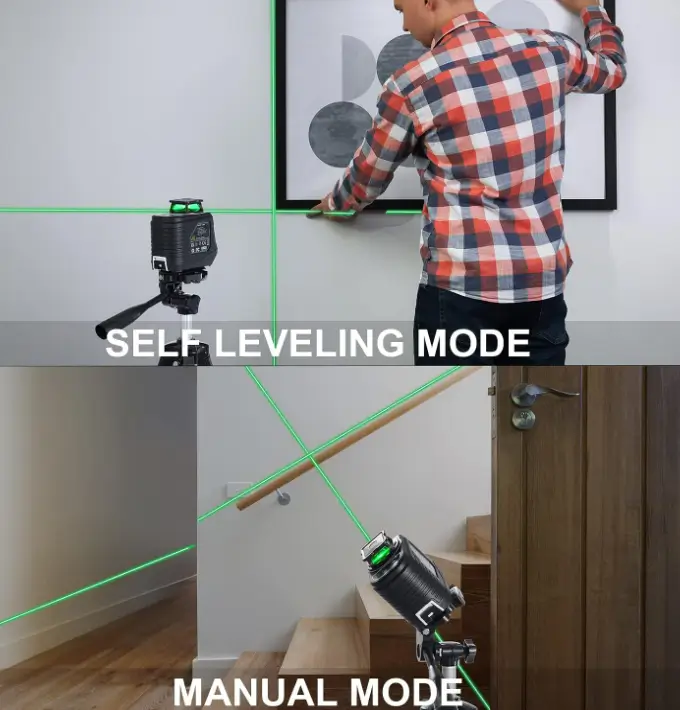 Firecore green line laser on a tripod projecting a level line across a wall while a framed picture is hung to it