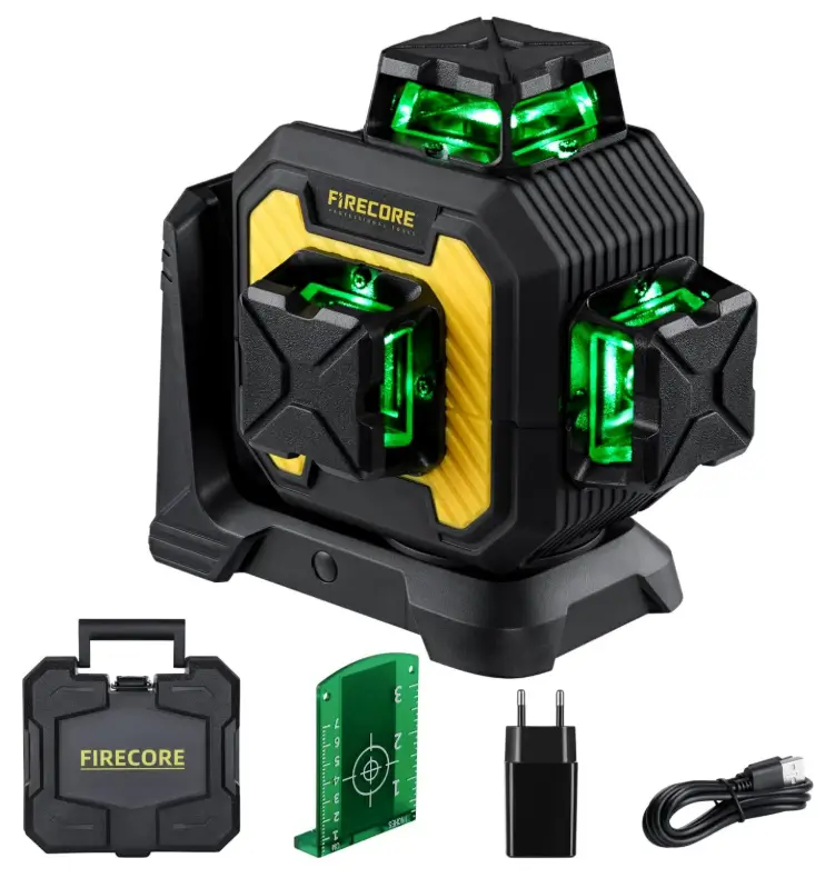 Firecore 360° Self-Leveling Green Cross Line Laser, Rechargeable, Hard Case Included