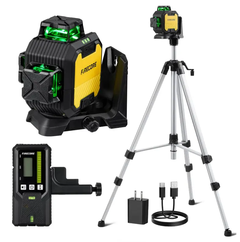 Firecore 3x360 Self-Leveling Laser Level Kit with Receiver, Tripod & Grade Rod, Green